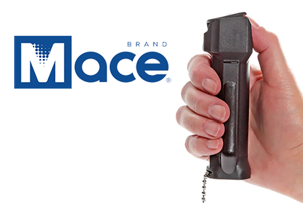 Mace logo and side view of a person's hand holding a can of Mace Police Model Triple Action spray