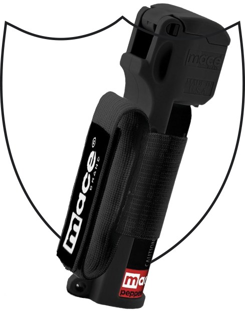 Mace Sport Model pepper spray with shield icon in background